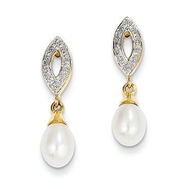14K Gold Diamond and Freshwater Cultured Pearl Post Dangle Earrings