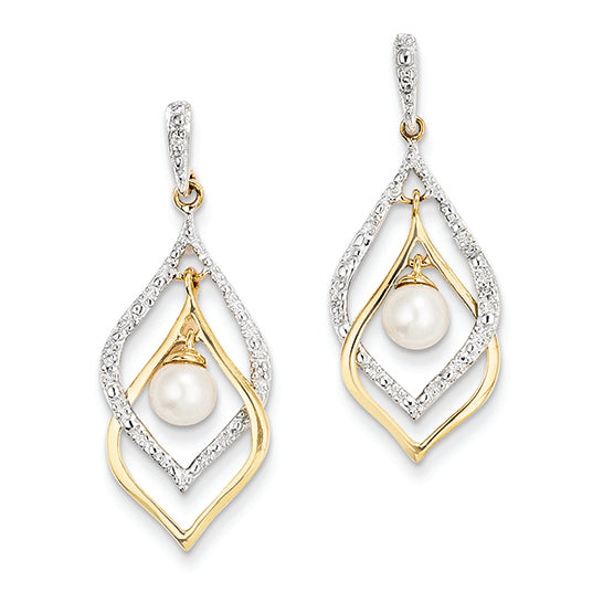 14K Gold Diamond and Freshwater Cultured Pearl Post Dangle Earrings