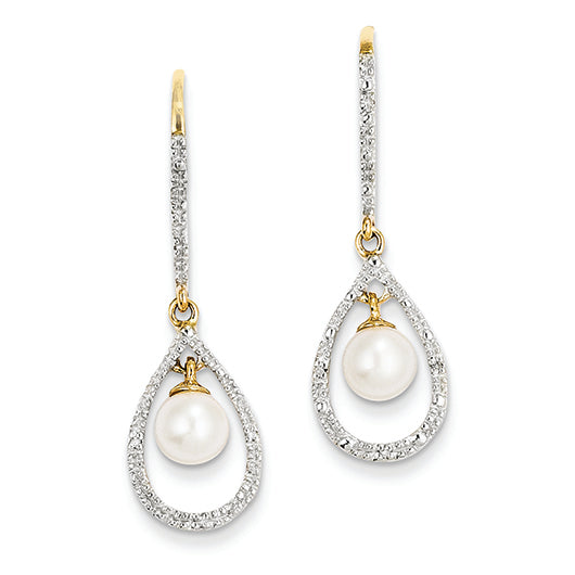 14K Gold Diamond and Freshwater Cultured Pearl Dangle Earrings