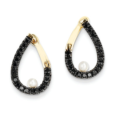 0.8 Carat 14K Gold Black Diamond and Fresh Water Pearl Hoop Earrings
