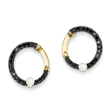 0.8 Carat 14K Gold Black Diamond and Fresh Water Pearl Hoop Earrings