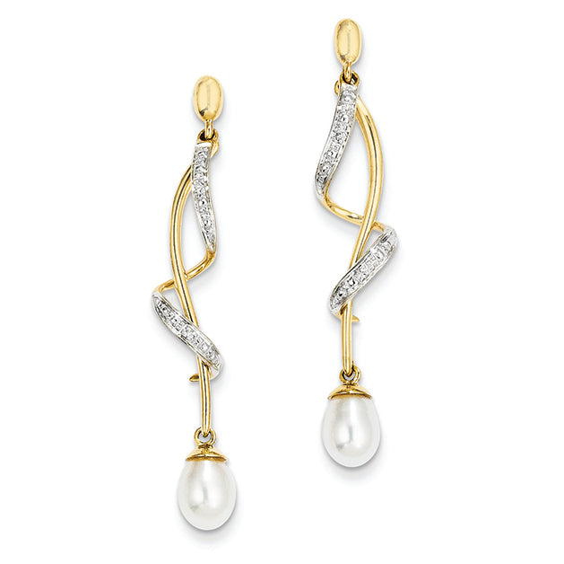 14K Gold Diamond and Freshwater Cultured Pearl Post Dangle Earrings