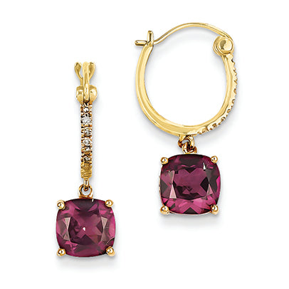3 Carat 14K Gold Diamond and Rhodolite Garnet Dangle Hoop Earrings