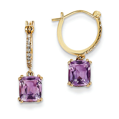 2.2 Carat 14K Gold Diamond and Amethyst Dangle Hoop Earrings