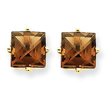2.1 Carat 14K Gold 6mm Square Smokey Quartz Earring