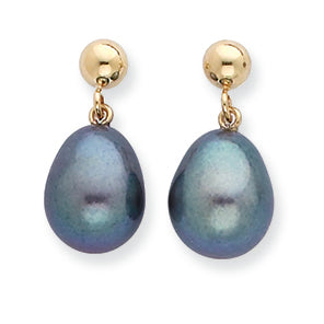 14K Gold 8-8.5mm Black Freshwater Cultured Pearl Dangle Earrings