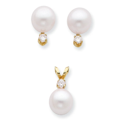 0.2 Carat 14K Gold 7-7?mm Salt Water Cultured Pearl & Dia. Earrings & Pendant Set