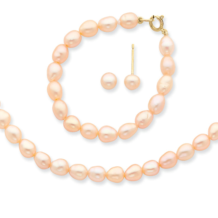 14K Gold Pink FW Cultured Pearl 12 in. Necklace, Bracelet & Earrings Set"