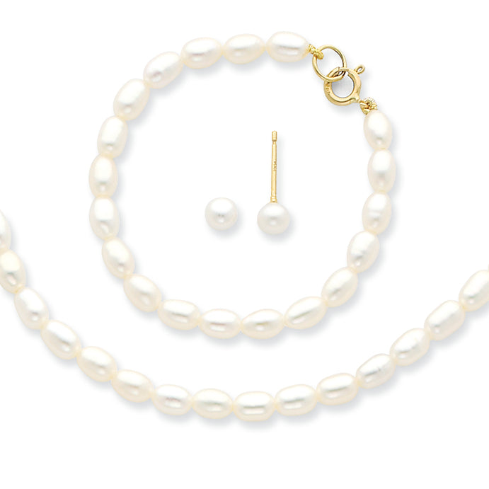 14K Gold White FW Cultured Pearl 12 in. Necklace, Bracelet & Earrings Set"
