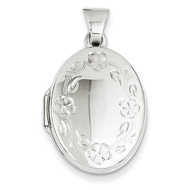14K White Gold 21mm Oval Leaf Floral Scroll Border H/Eng Locket