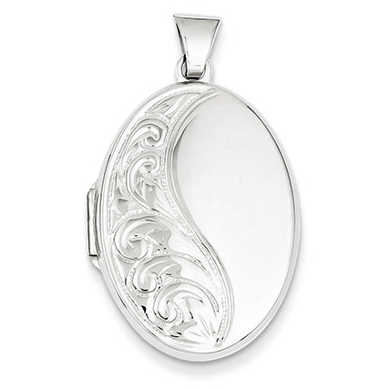 14K White Gold 26mm Oval 1/2 Lhs Hand Engraved Locket