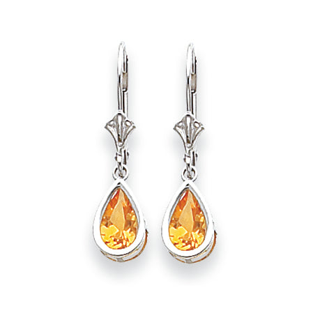 1.6 Carat 14K White Gold 8x5mm Pear Citrine leverback earring