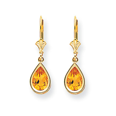 2.6 Carat 14K Gold 9x6mm Pear Citrine leverback earring