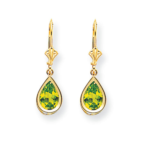 3.3 Carat 14K Gold 9x6mm Pear Peridot leverback earring
