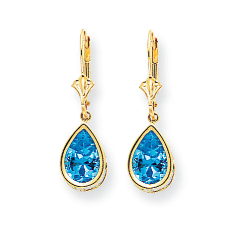 4.7 Carat 14K Gold 10x7mm Pear Blue Topaz leverback earring