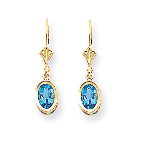 2.1 Carat 14K Gold 7x5mm Oval Blue Topaz leverback earring