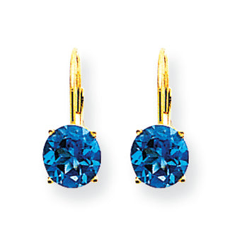 3.4 Carat 14K Gold 7mm Blue Topaz leverback earring