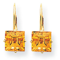 4 Carat 14K Gold 7mm Princess Cut Citrine leverback earring