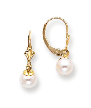 14K Gold 6mm Pearl Leverback Earrings
