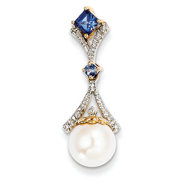 14K Gold Diamond Freshwater Cultured Pearl Created Sapphire Pendant