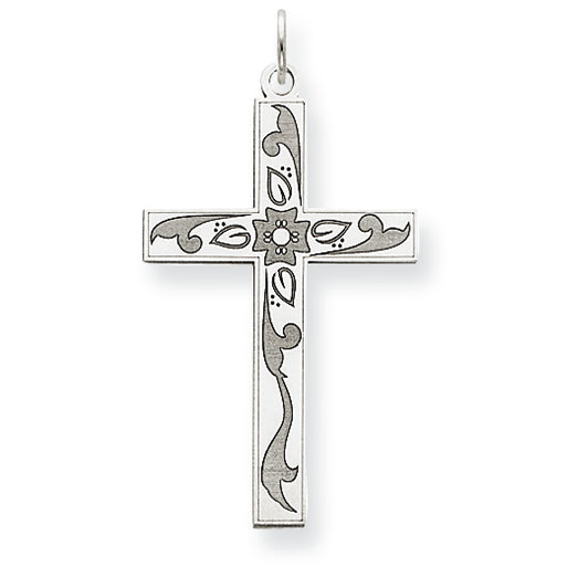 14K Gold Whtie Gold Laser Designed Cross Pendant