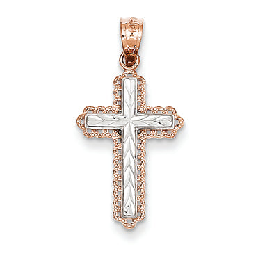 14K Gold Rose Gold Rhodium Diamond Cut Cross Pendant