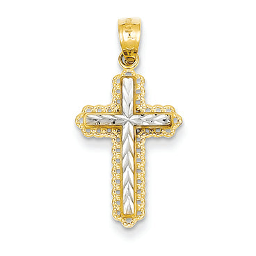 14K Gold Yellow Gold Rhodium Plated Diamond Cut Cross Pendant