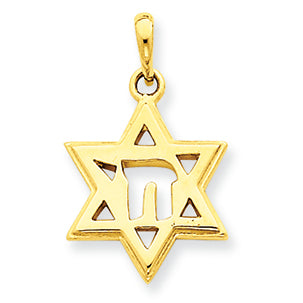 14K Gold Solid Polished Chai in Star of David Charm