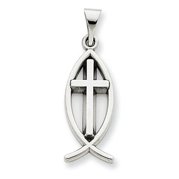 14K White Gold Cross Ichthus Fish Pendant