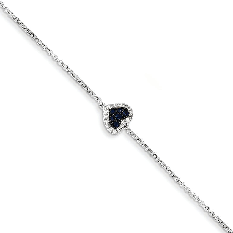 0.3 Carat 14K White Gold Diamond & Sapphire Heart w/.5in Ext. Bracelet