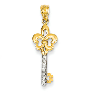 14K Gold Yellow Gold Rhodium Plated Diamond Cut Fleur de lis Key Pendant