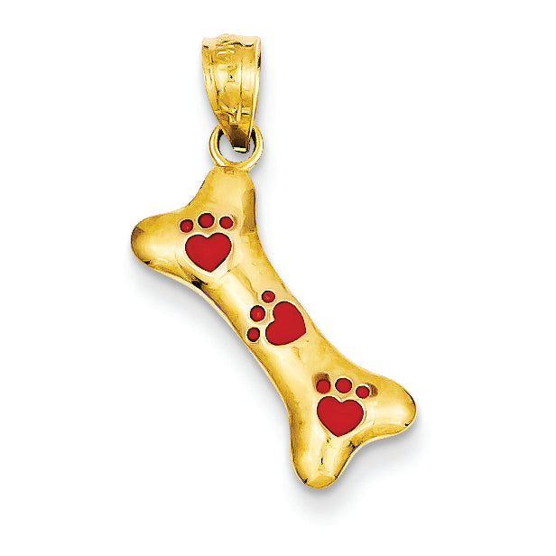 14K Gold Yellow Gold Dog Bone with Red Enamel Paw Prints Pendant