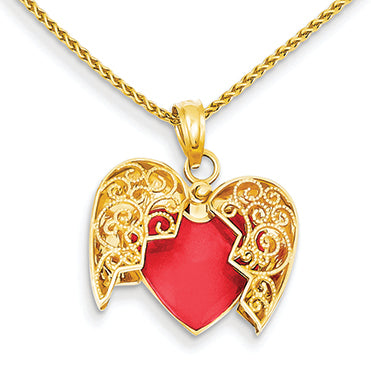 14K Gold Red & White Enameled Reversible Heart Pendant