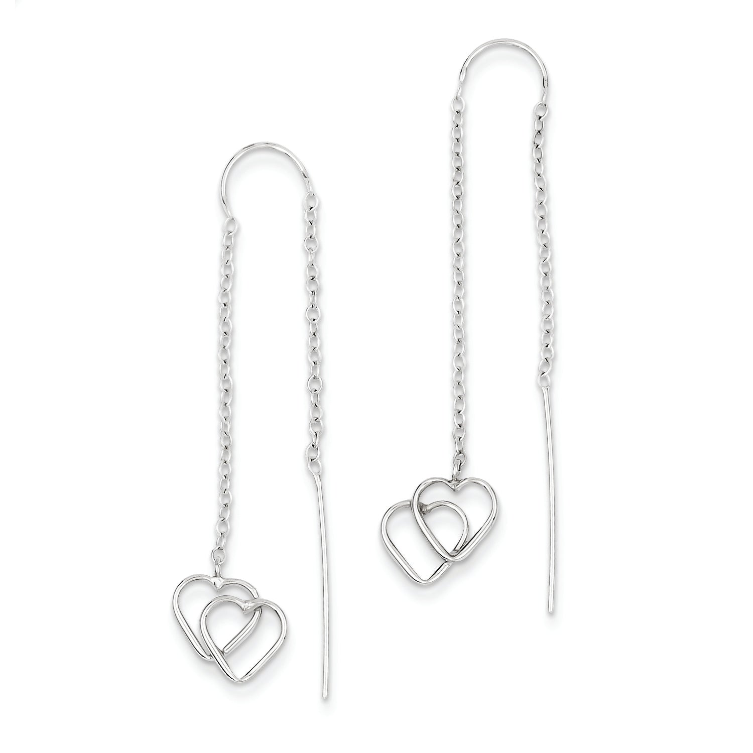 14K White Gold Double Heart Threader Earrings