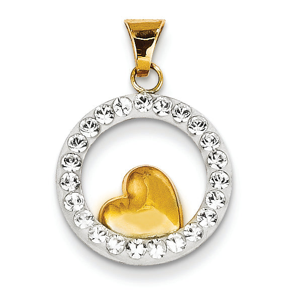 14K Gold Swarovski Elements White Heart in Circle Pendant