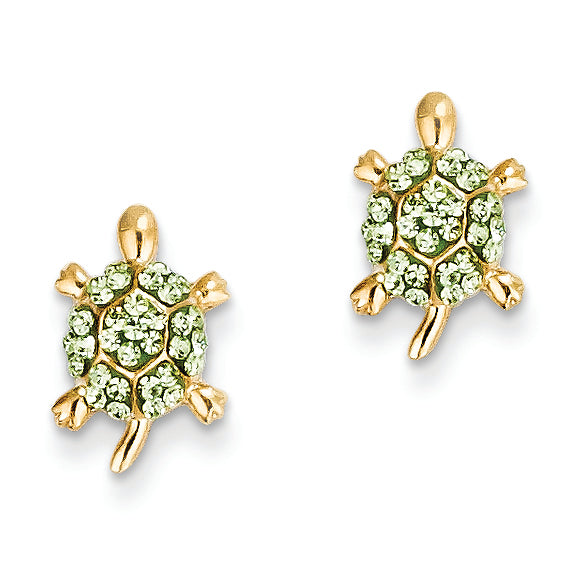 14K Gold Light Green Crystal Turtle Post Earrings