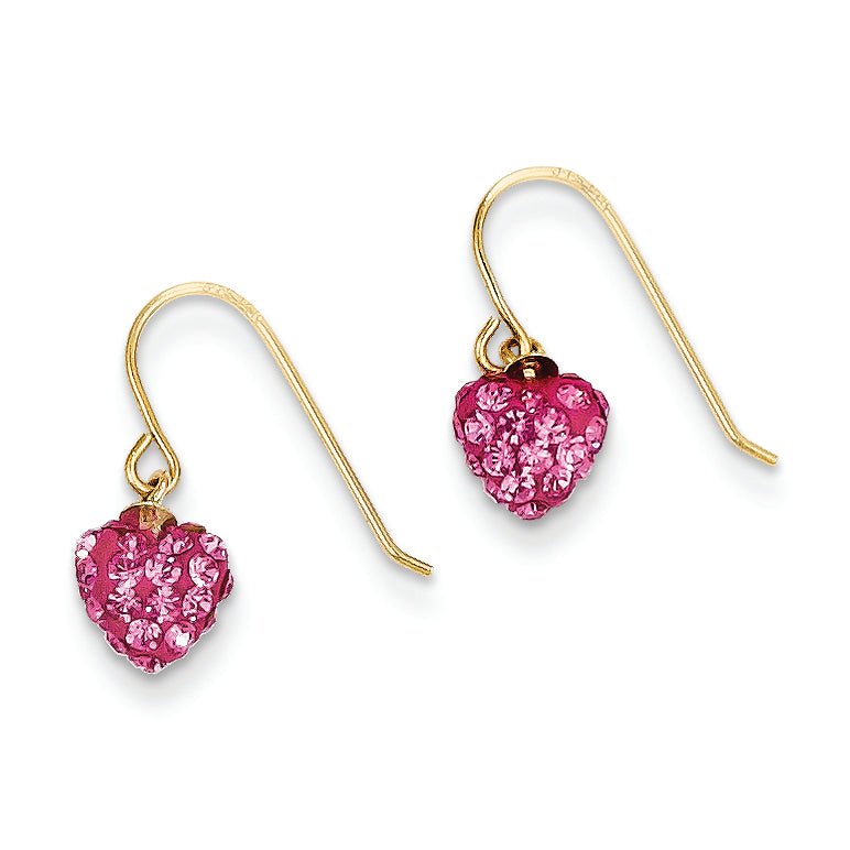 14K Gold Rose Crystal Heart Dangle Earrings