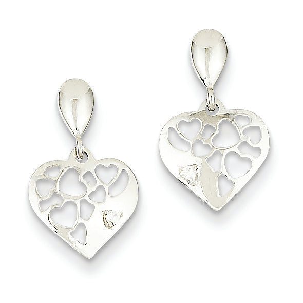 14K White Gold CZ Filligree Heart Dangle Post Earrings