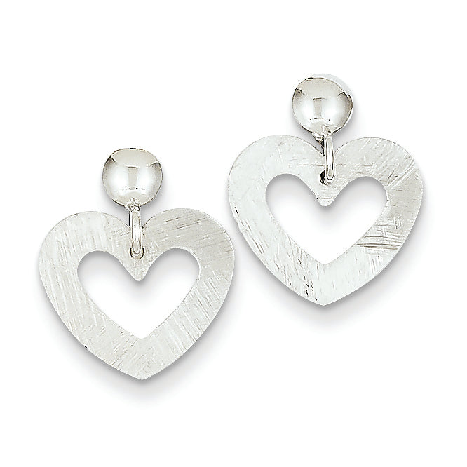 14K White Gold Brushed & Polished Heart Dangle Post Earrings