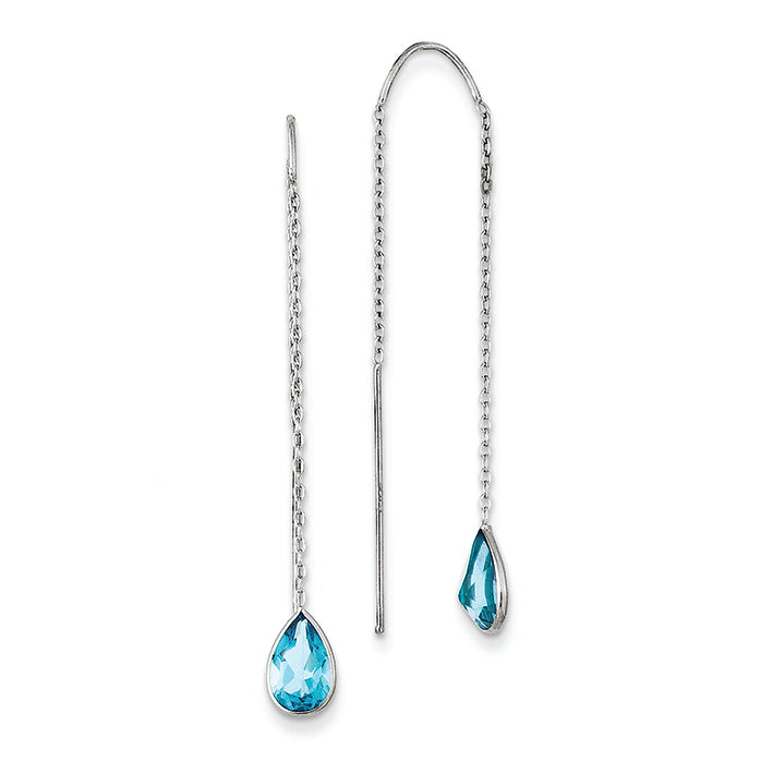 14K White Gold Blue Topaz Pear Bezel Threader Earrings
