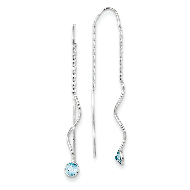 14K White Gold Blue Topaz Round Bezel Threader Earrings