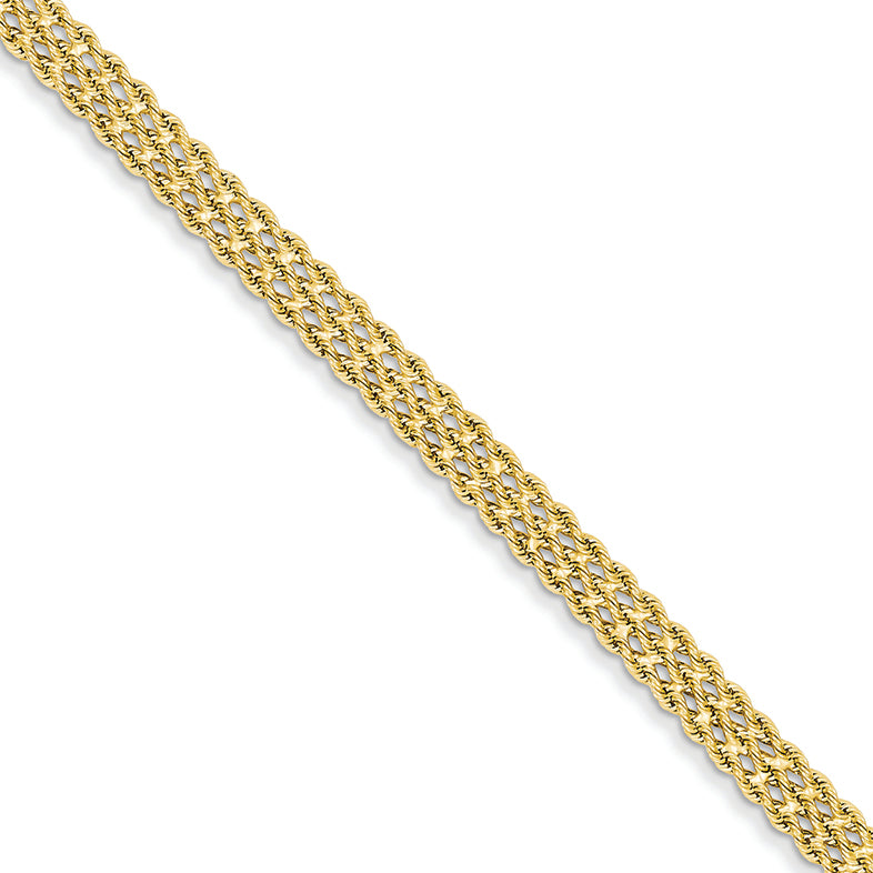 14K Gold 1.75mm Triple Strand Rope Bracelet 7 Inches