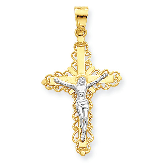 10K Gold & Rhodium Filigree Crucifix Pendant