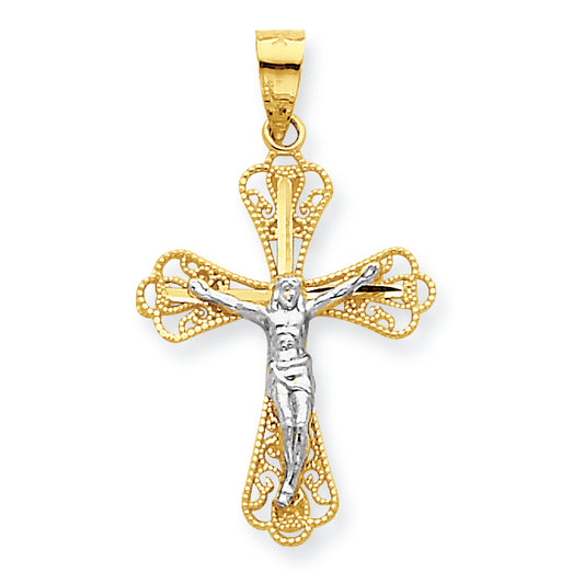 10K Gold & Rhodium Filigree Crucifix Pendant
