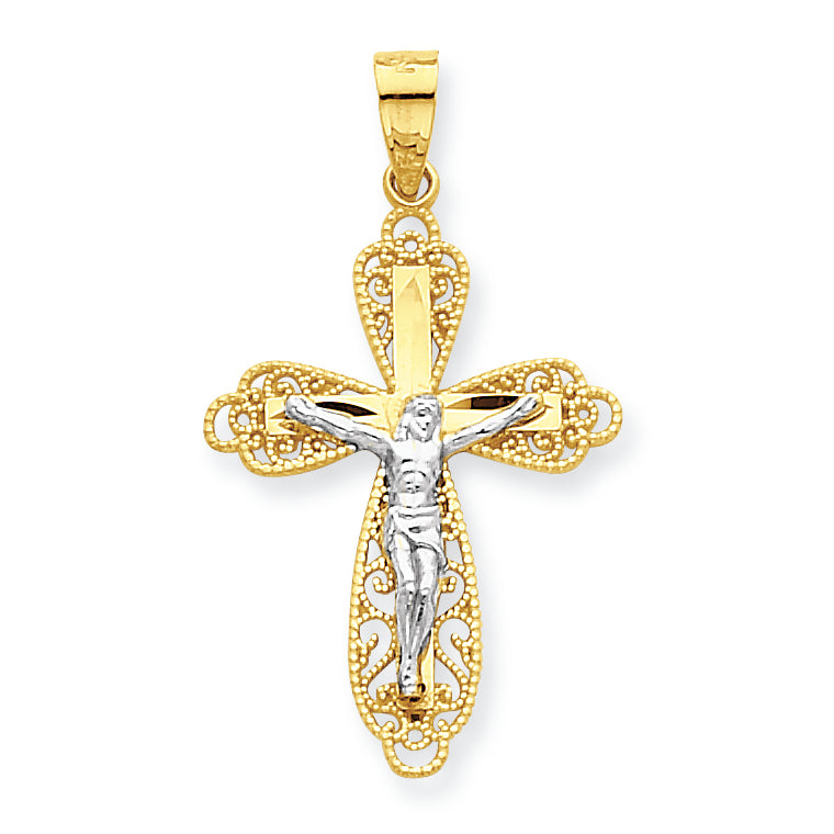 10K Gold & Rhodium Filigree Crucifix Pendant