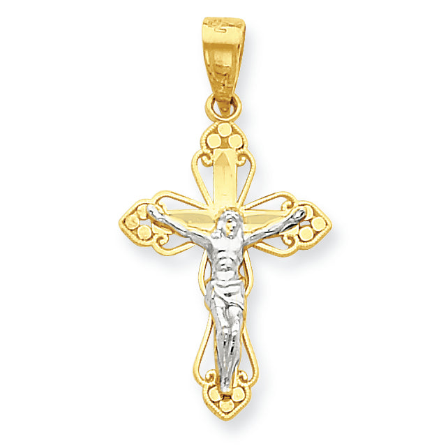 10K Gold & Rhodium Filigree Crucifix Pendant