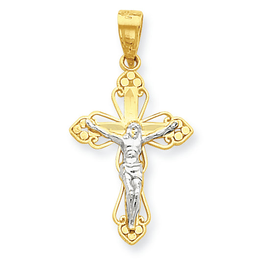 10K Gold & Rhodium Filigree Crucifix Pendant