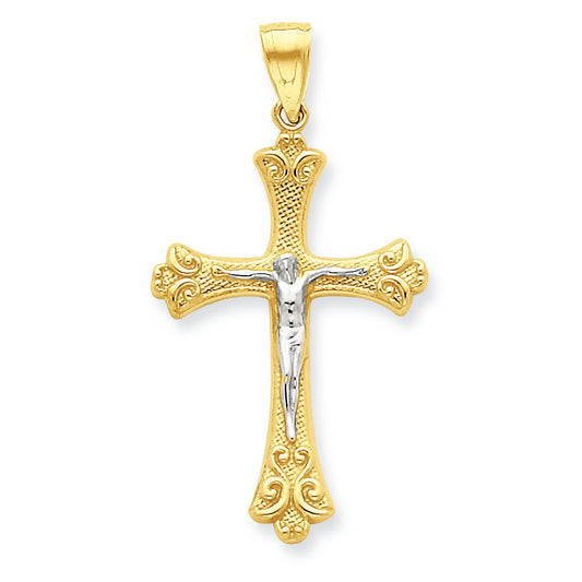 10K Gold & Rhodium Fleur de Lis Crucifix Pendant