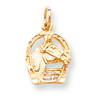 10K Gold Solid Diamond-cut Horsehead in Horseshoe Charm