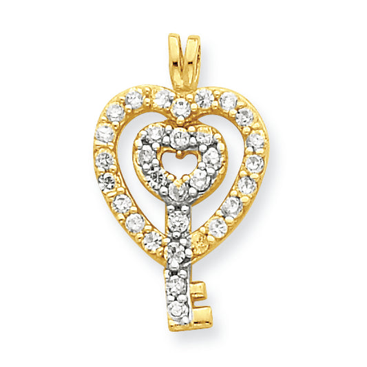 10K Gold CZ Double Heart Key Pendant